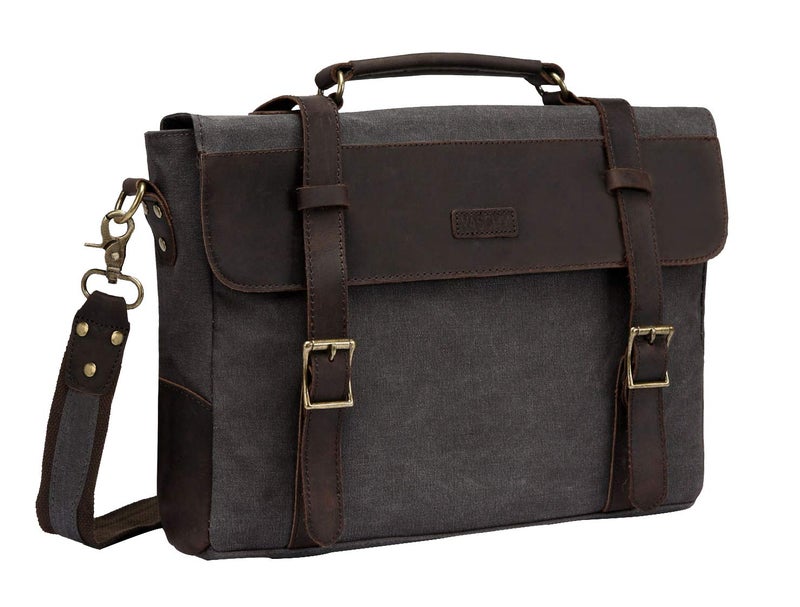 VASCHY Vintage Canvas Leather Messenger Bag School Shoulder Bag Business Briefcase Satchel Gray - Image 1